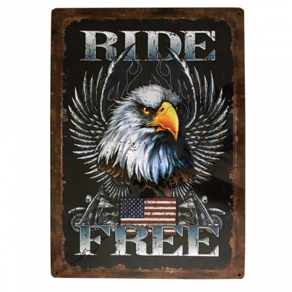 Grande Plaque Métallique USA "Ride Free" en relief