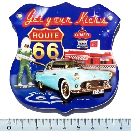Magnet Route 66 "Get Your Kicks" en bois verni et en relief