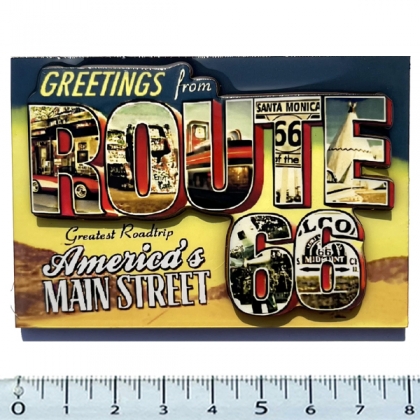 Magnet Route 66 "Greetings" en bois verni et en relief